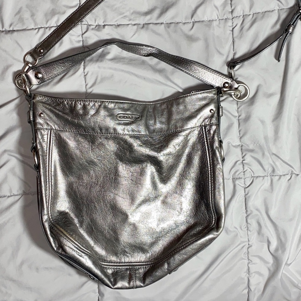 Coach Zoe Hobo Bag in Metallic Pewter Full Grain Cowhide Leather E1032- F14706